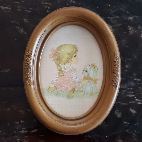 VINTAGE PAIR OF OVAL PORTRAITS BOY AND GIRL WALL DECOR PICTURES Puppies Overalls - Picture 2 of 8